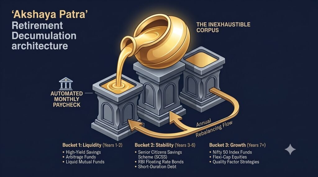 Akshaya Patra 3-bucket capital model showing Cash, Sovereign Stability, and Long-Term Growth pedestals for Indian retirement decumulation, by Rahul Jain, MyMoneyBox.