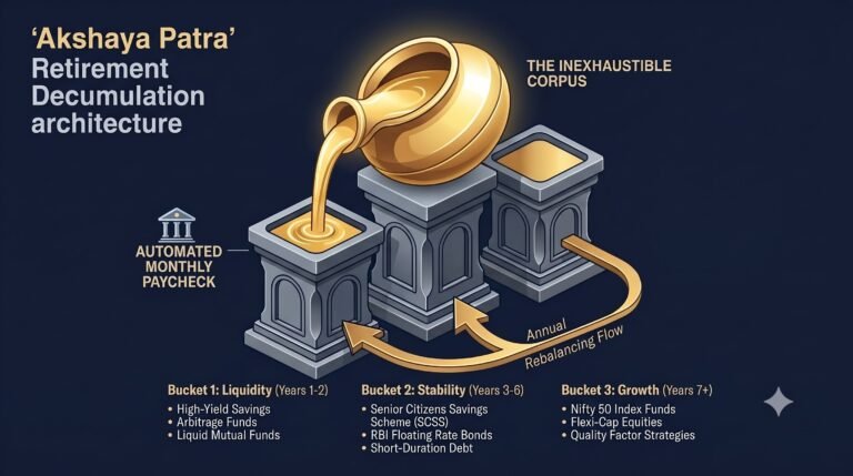 Akshaya Patra 3-bucket capital model showing Cash, Sovereign Stability, and Long-Term Growth pedestals for Indian retirement decumulation, by Rahul Jain, MyMoneyBox.